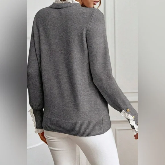 Quincy- Gray Sweater with Lace Cuff Detail - Picture 2 of 4